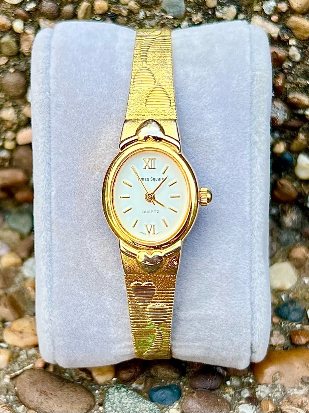 Vintage Time Square Japan Movement Gold Tone Heart Bracelet Watch Runs